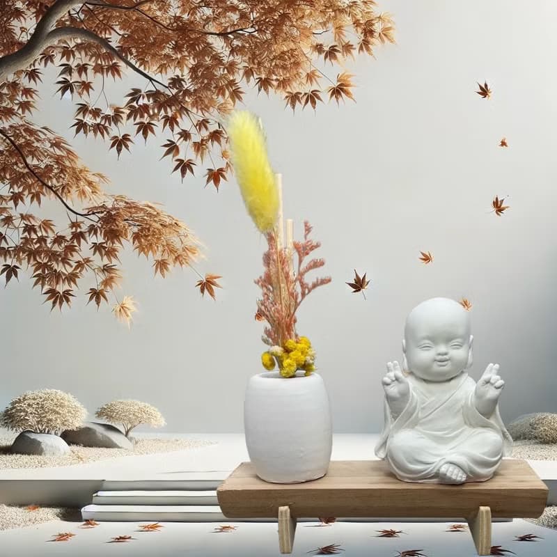 文青簡約風 淨念吉祥之一笑小佛 原木底座系列 搭配永生花擴香瓶