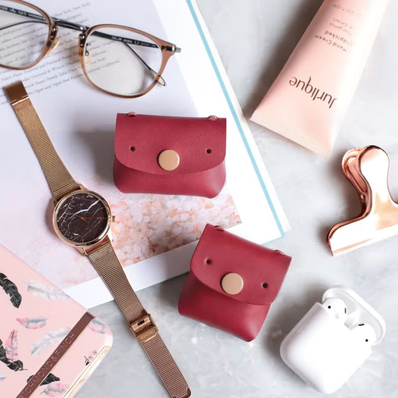 常見的Goody Bro 乾燥玫瑰紅真皮革手工 AirPods Pro &2 保護套