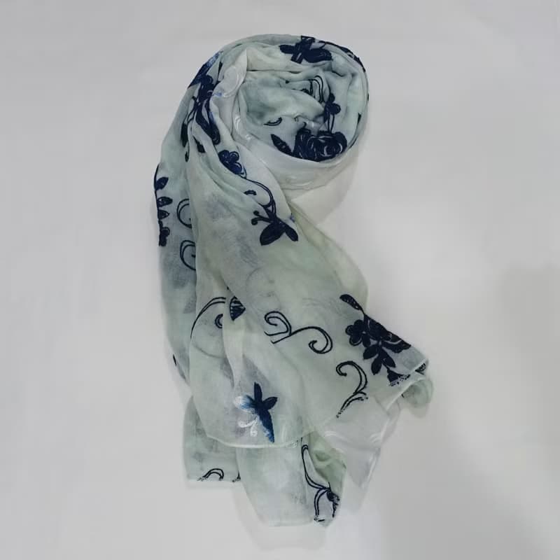 藍染刺繡棉紗圍巾