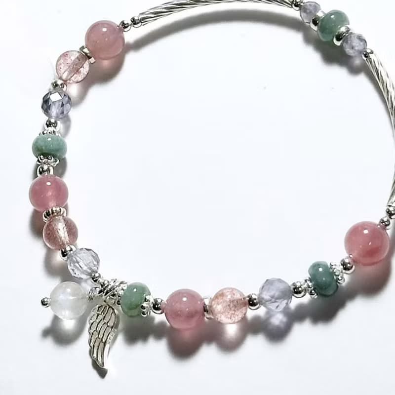 粉暮與晨曦-馬島粉晶.草莓晶.菫青石-純銀設計款手鍊