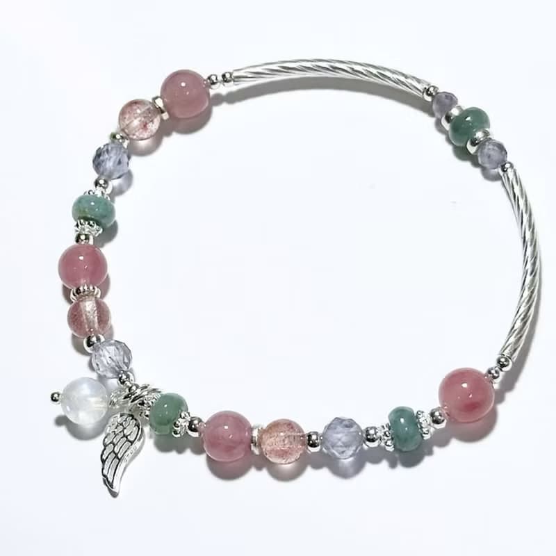 粉暮與晨曦-馬島粉晶.草莓晶.菫青石-純銀設計款手鍊