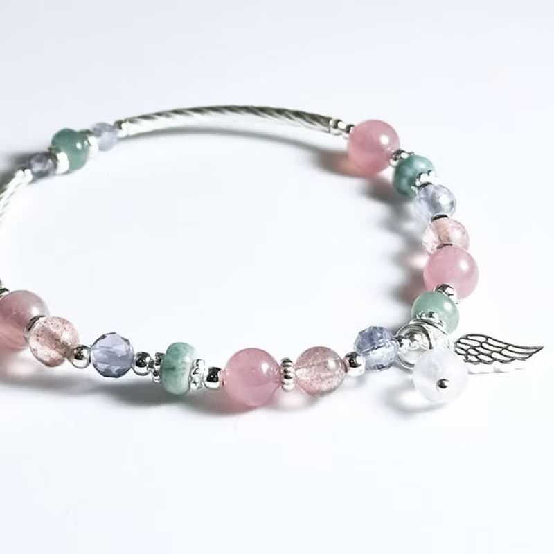 粉暮與晨曦-馬島粉晶.草莓晶.菫青石-純銀設計款手鍊