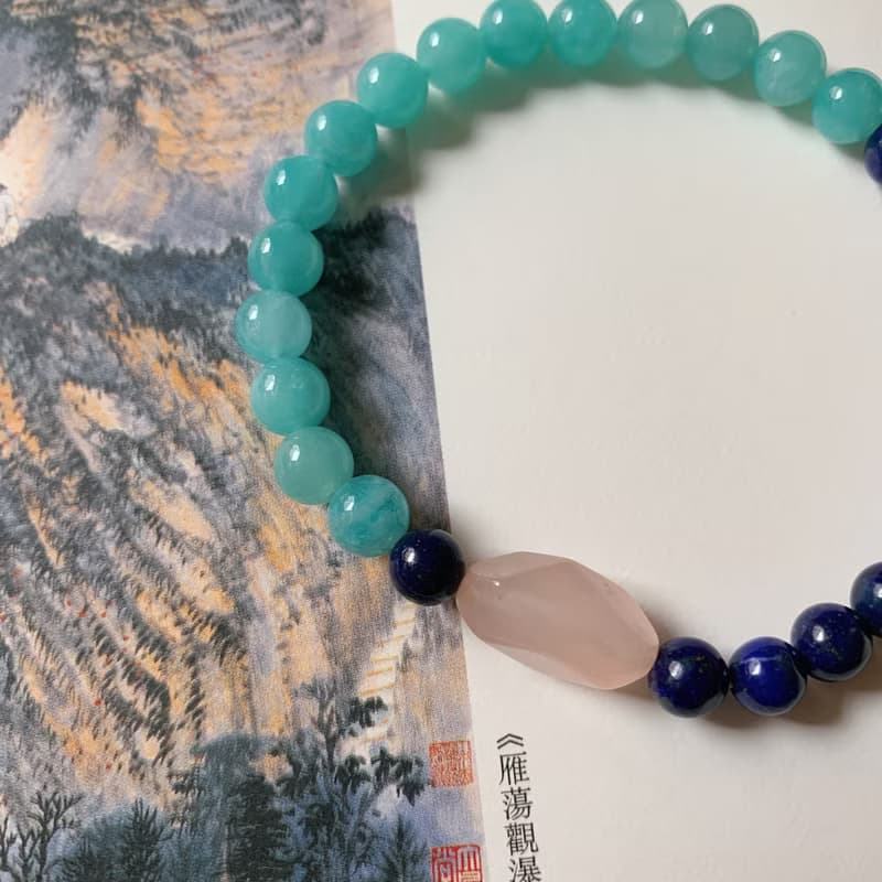 憶水漾藍。天然天河石手鏈青金石 不規則粉水晶 文藝簡約禮物手串
