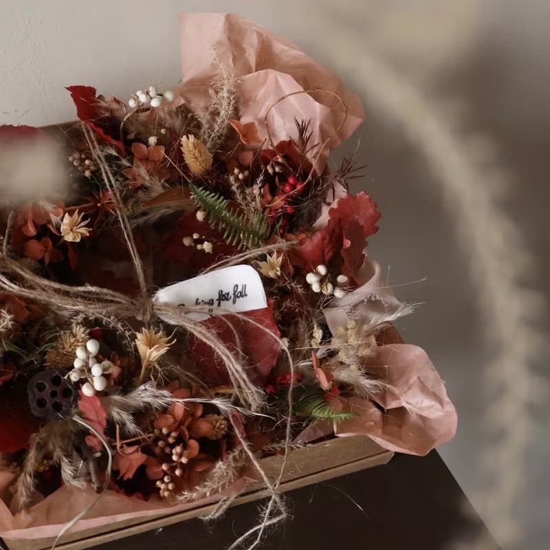 永生花橘紅色花圈禮盒 秋天花圈 居家擺飾  生日禮物 附盒子