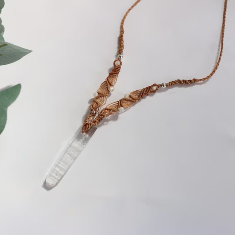 天然石白水晶大地色蠟線編織項鍊
