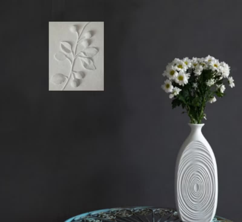 小白色淺浮雕原創 3d 牆藝術石膏植物牆裝飾櫻桃樹枝 3d 面板牆