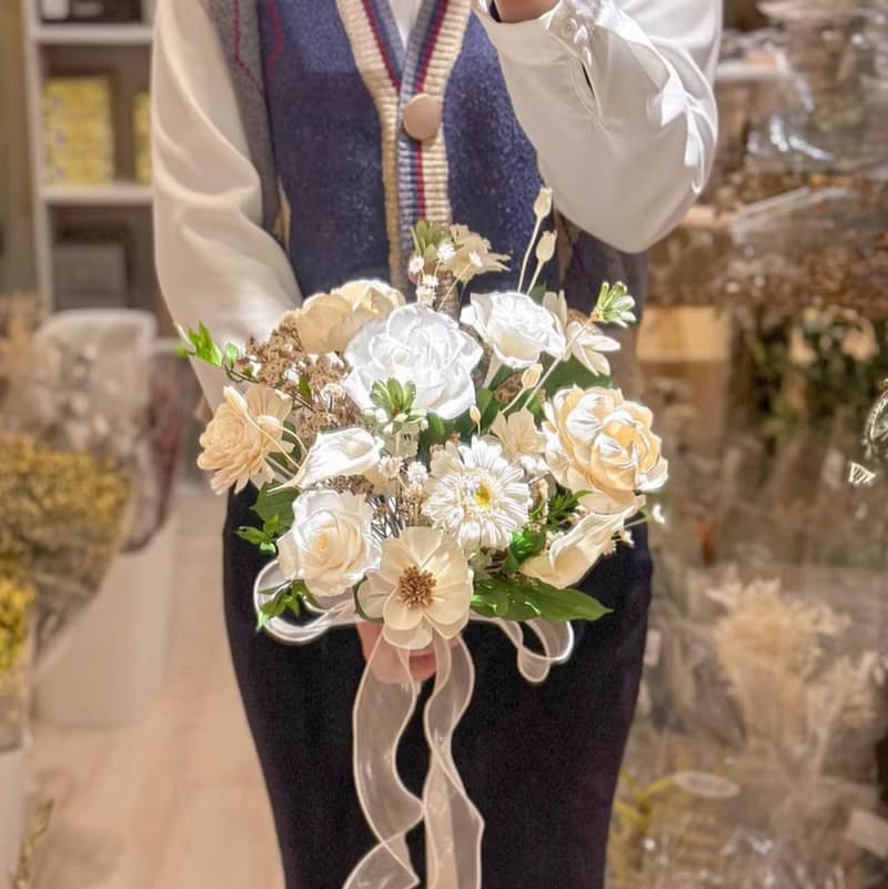 【愛與永恆】新娘捧花 白綠色海芋太陽花 乾燥花 永生花
