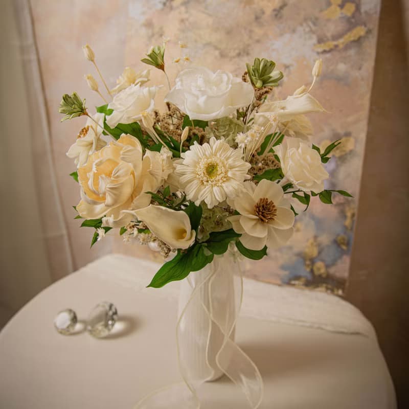 【愛與永恆】新娘捧花 白綠色海芋太陽花 乾燥花 永生花