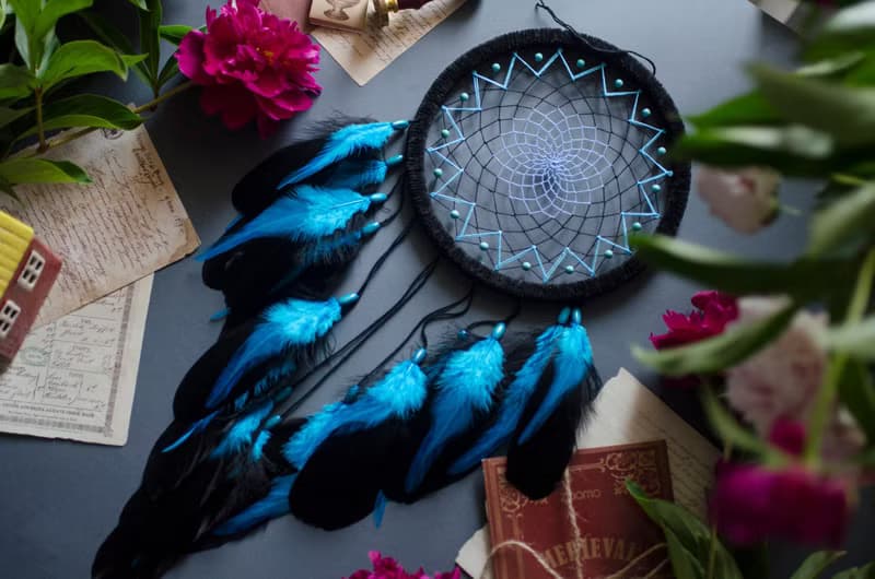 Handmade Blue Black Teal Dream Catcher with Turquoise Beads