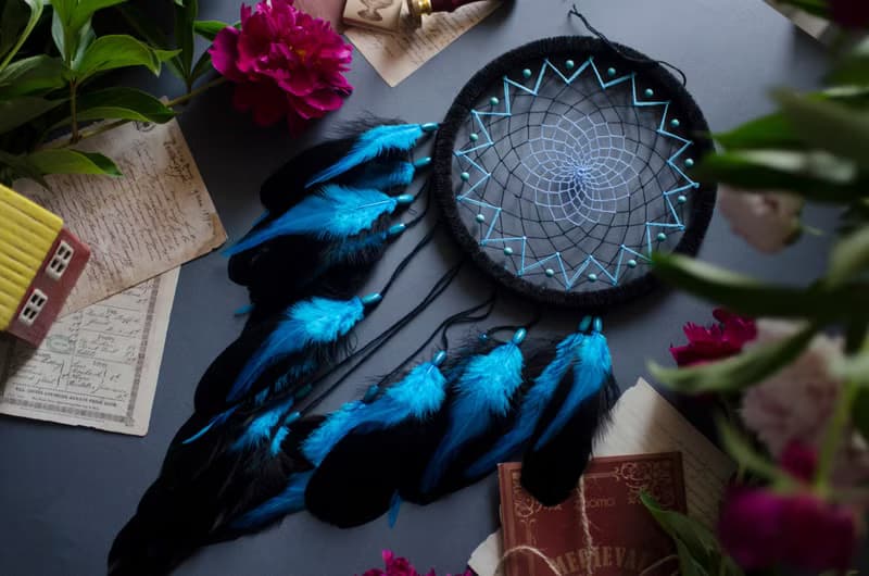 Handmade Blue Black Teal Dream Catcher with Turquoise Beads