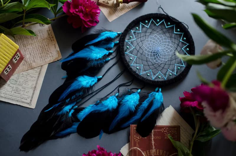 Handmade Blue Black Teal Dream Catcher with Turquoise Beads
