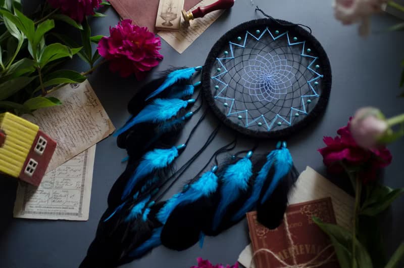 Handmade Blue Black Teal Dream Catcher with Turquoise Beads