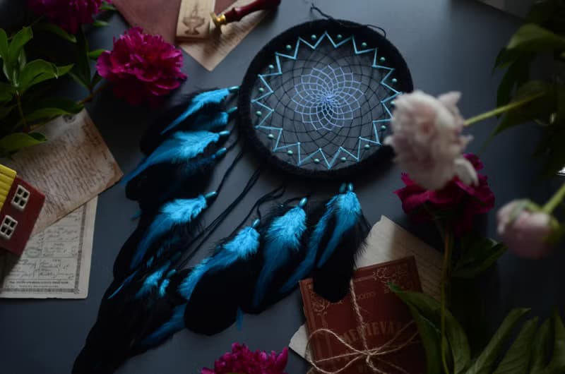 Handmade Blue Black Teal Dream Catcher with Turquoise Beads