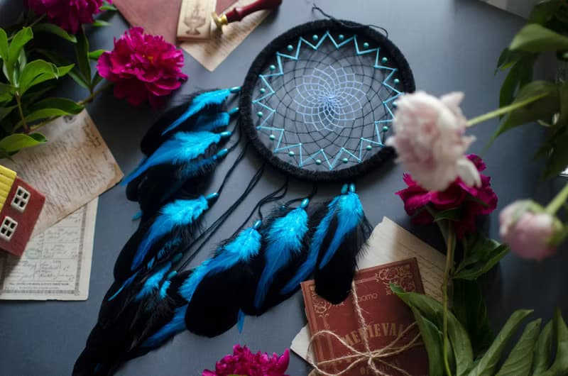 Handmade Blue Black Teal Dream Catcher with Turquoise Beads