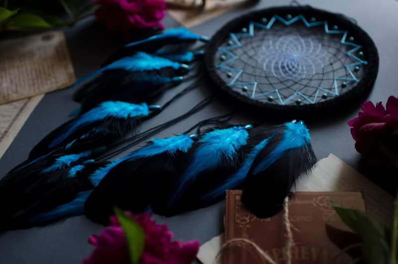 Handmade Blue Black Teal Dream Catcher with Turquoise Beads