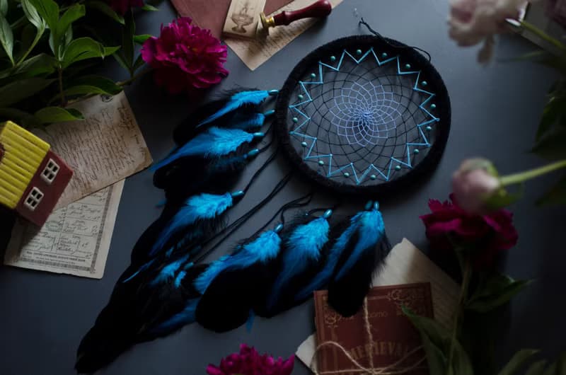 Handmade Blue Black Teal Dream Catcher with Turquoise Beads