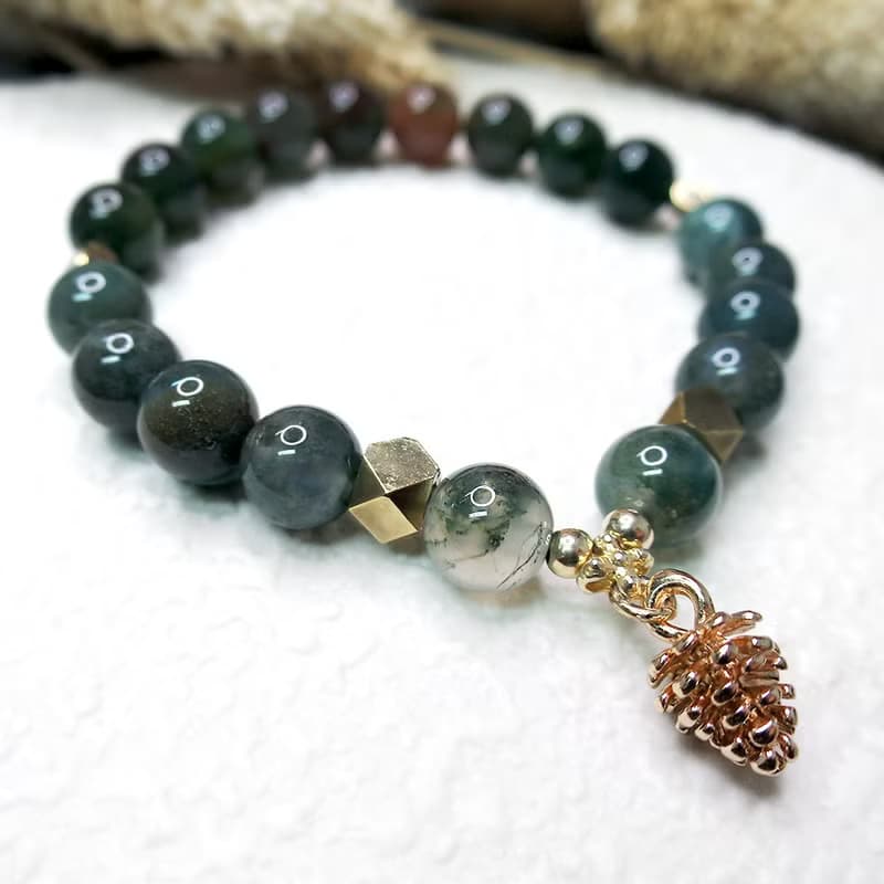 VIIART。綠湖。水草瑪瑙古著金黃銅手環|天然石手鏈手串小松果