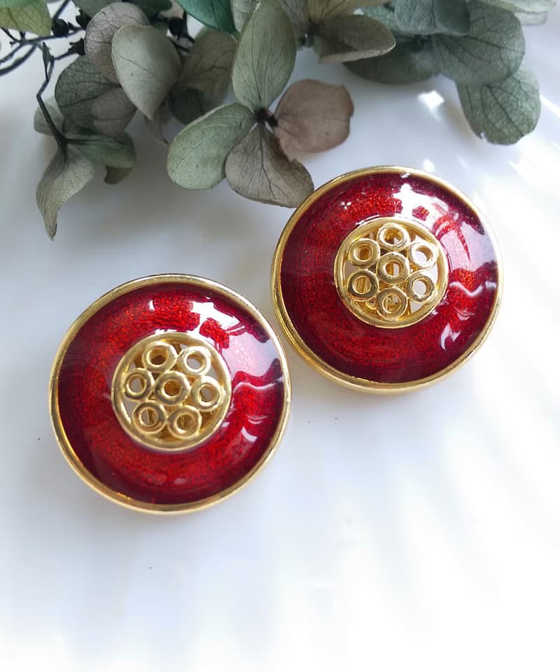 Vintage Jewelry 西洋古董飾品 細緻 經典款式 紅琺瑯 夾式耳環