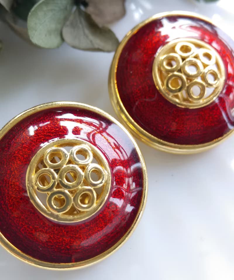 Vintage Jewelry 西洋古董飾品 細緻 經典款式 紅琺瑯 夾式耳環