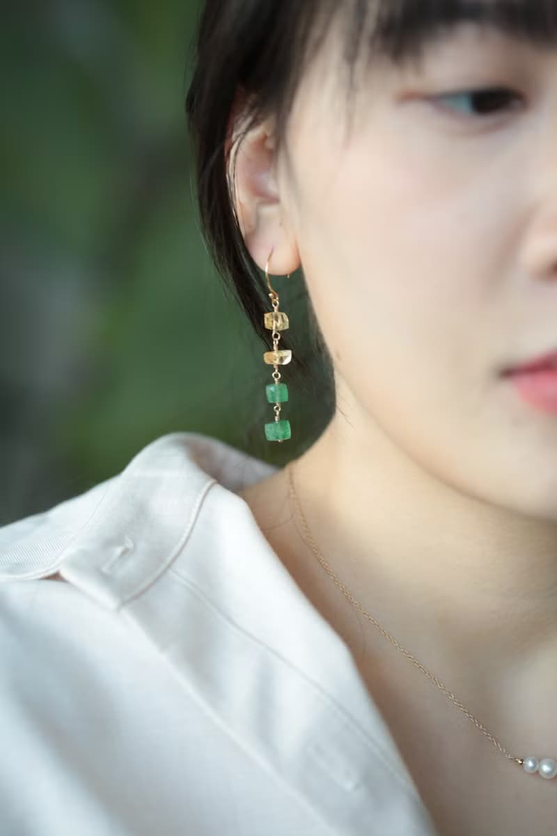 黃水晶 綠色草莓晶 長耳環│14KGF 可改夾