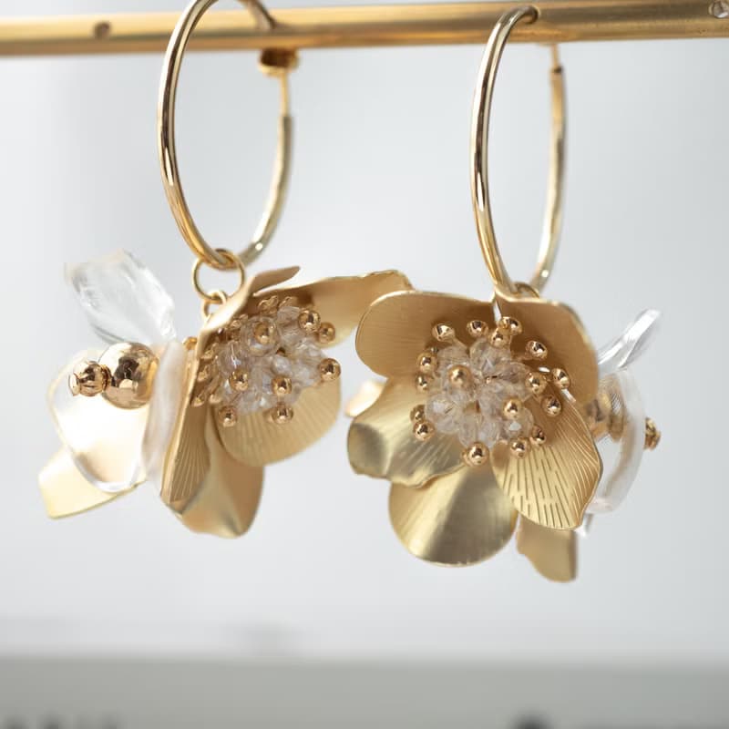 シャンパンゴールドフラワーフーケ　大ぶりイヤリング(ピアス)