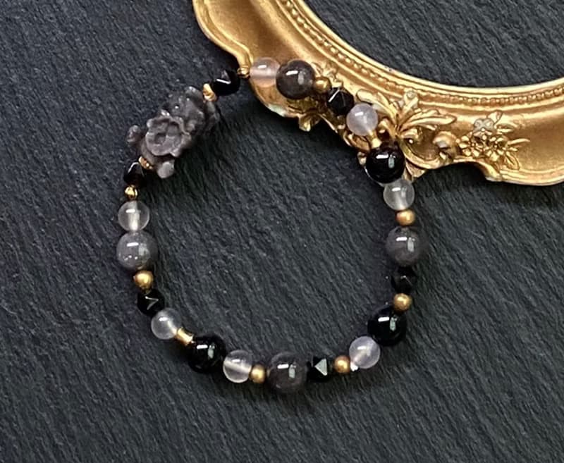 天狼星石x黑曜石x灰瑪瑙x銀曜石吞金獸黃銅手鍊 招財 避邪 旺事業