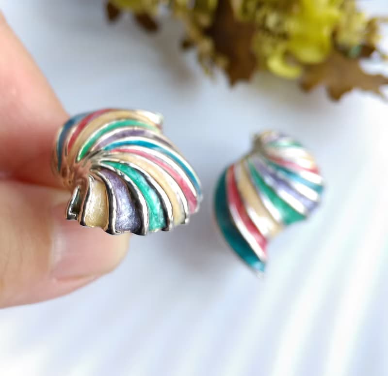 【西洋古董飾品 】 對稱 銀色調 流線彩虹 夾式耳環