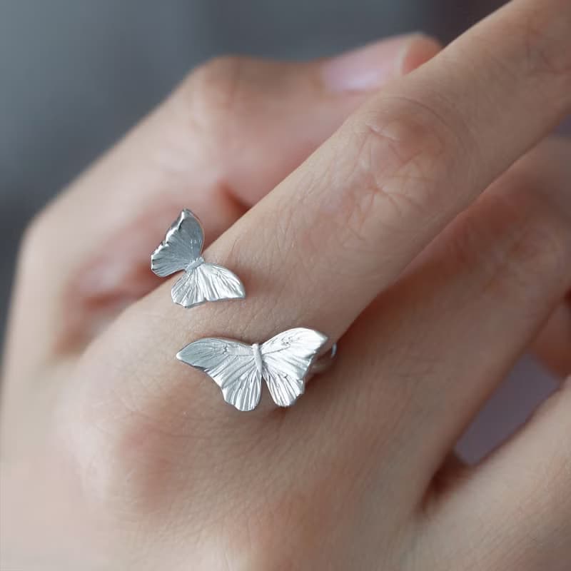 蝴蝶開口戒指 通體925銀鍍金可調節指環 閨蜜女友生日文藝禮物
