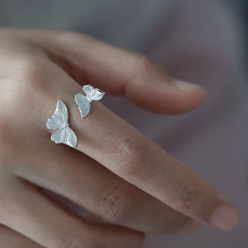 蝴蝶開口戒指 通體925銀鍍金可調節指環 閨蜜女友生日文藝禮物