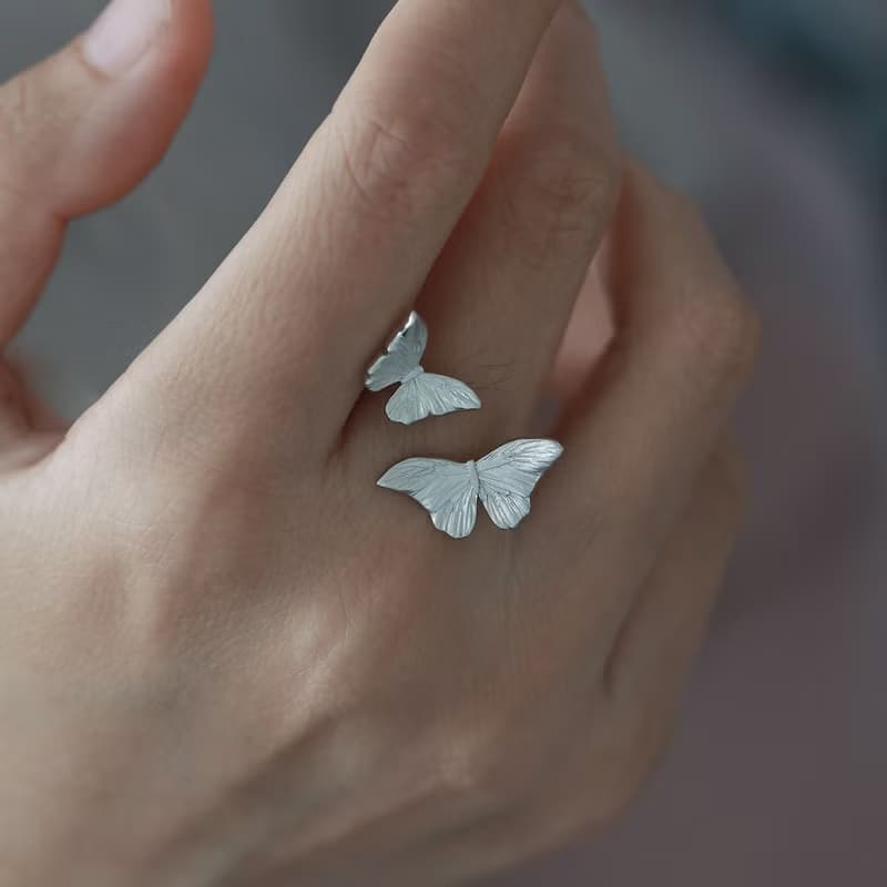 蝴蝶開口戒指 通體925銀鍍金可調節指環 閨蜜女友生日文藝禮物