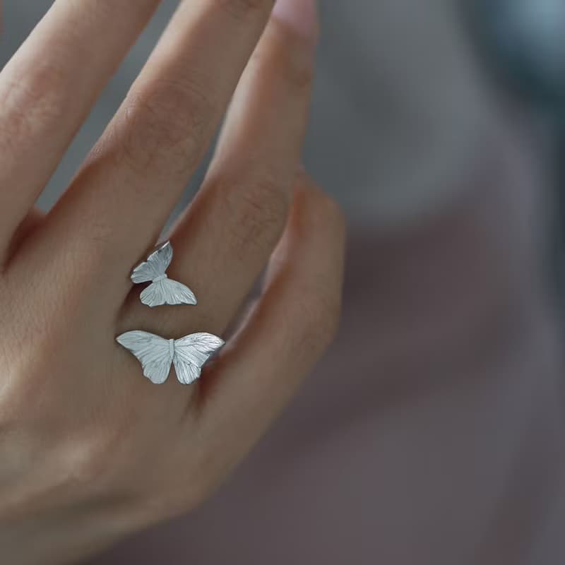 蝴蝶開口戒指 通體925銀鍍金可調節指環 閨蜜女友生日文藝禮物