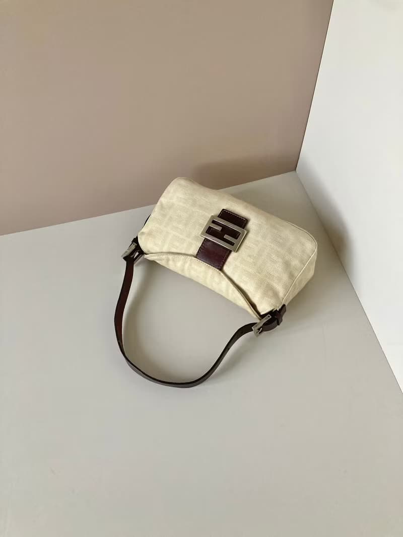 【初夏優惠】中古二手Fendi米白色老花腋下側背揹單肩小包手袋
