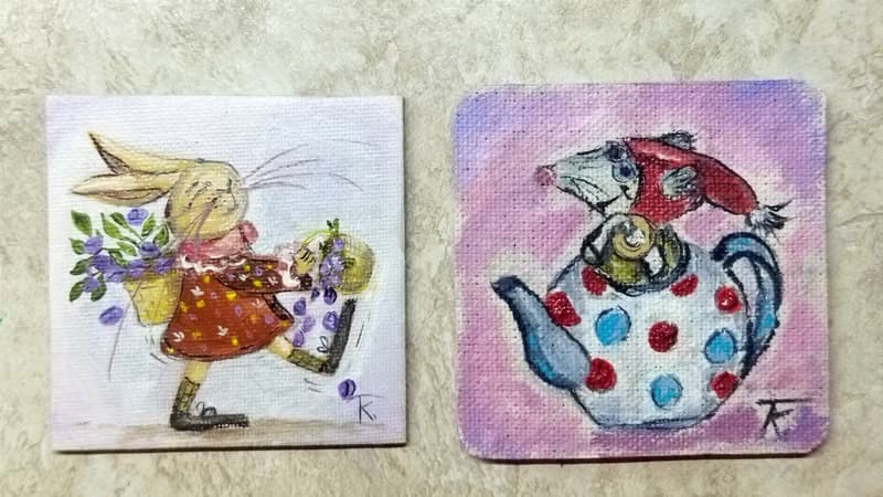 Set. Original oil painting on canvas on a magnet. 2 pieces.
