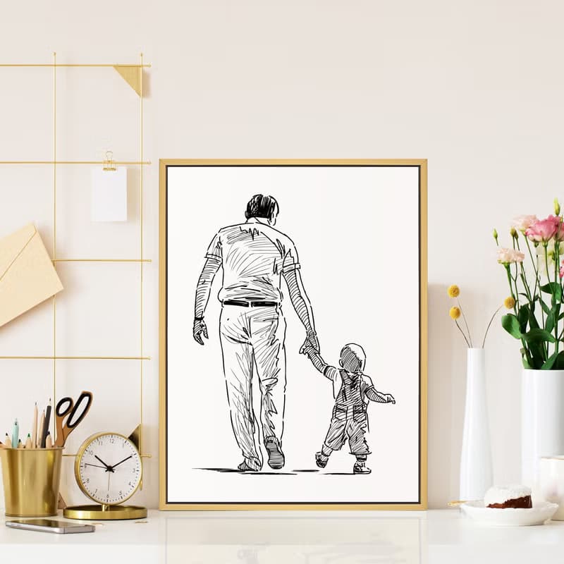 最美的回憶 - 親子插畫掛畫/父親節禮物/黑白手繪感爸爸掛畫