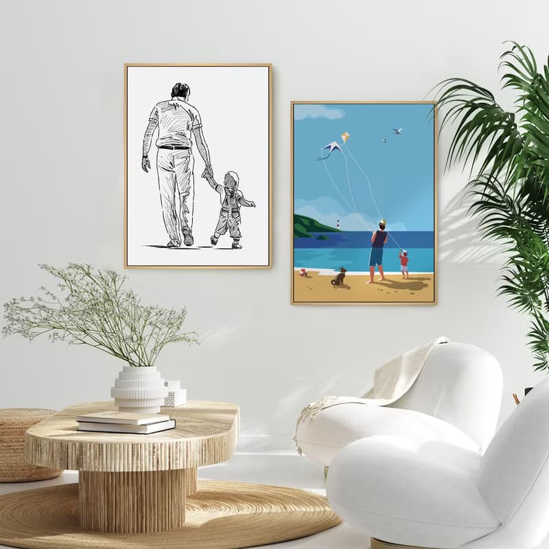 最美的回憶 - 親子插畫掛畫/父親節禮物/黑白手繪感爸爸掛畫