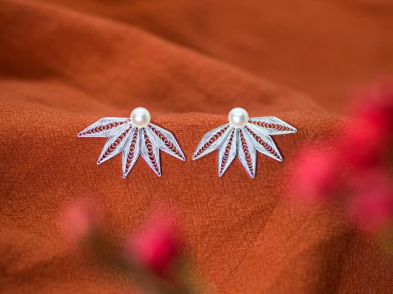 純銀花絲葉和淡水珍珠耳環 (AG-999) | Jewel Art Studio
