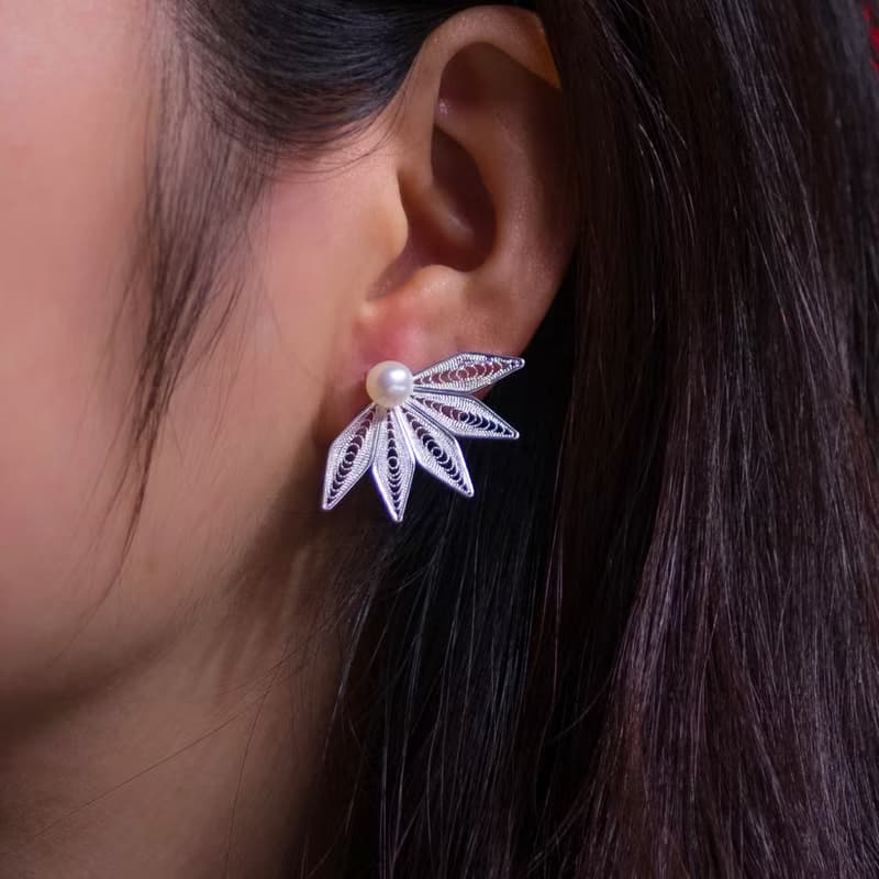 純銀花絲葉和淡水珍珠耳環 (AG-999) | Jewel Art Studio