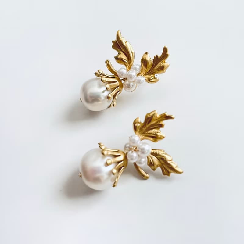 大粒パール リーフピアス(イヤリング)