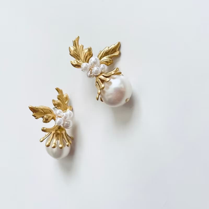 大粒パール リーフピアス(イヤリング)