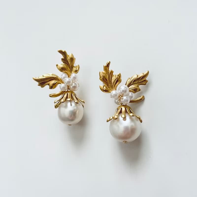 大粒パール リーフピアス(イヤリング)
