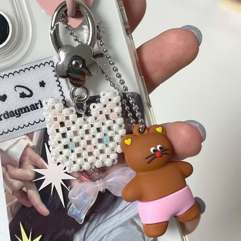 Ribbon Kitty Cat Beads Keyring - Pearl White