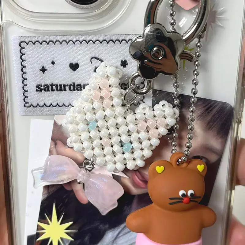 Ribbon Kitty Cat Beads Keyring - Pearl White