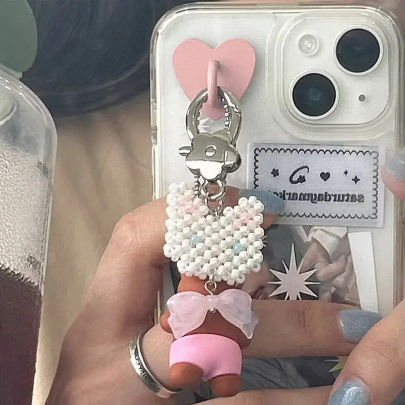 Ribbon Kitty Cat Beads Keyring - Pearl White