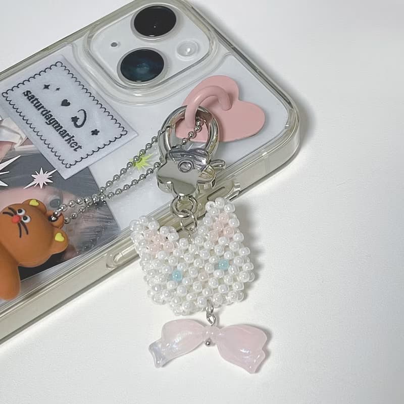 Ribbon Kitty Cat Beads Keyring - Pearl White