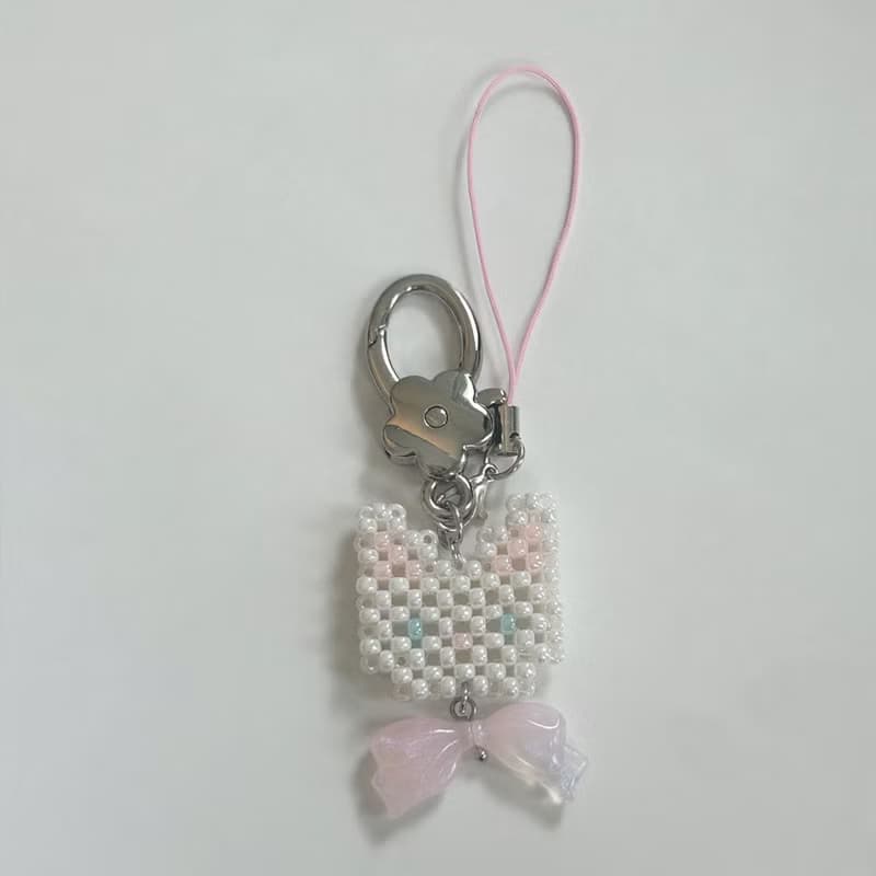 Ribbon Kitty Cat Beads Keyring - Pearl White