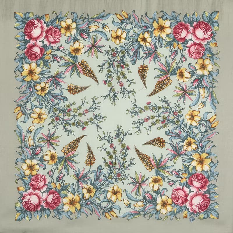 Authentic Pavlovo Posad Russian Shawl Soft Scarf 100% Wool 89x89 cm 1604-10