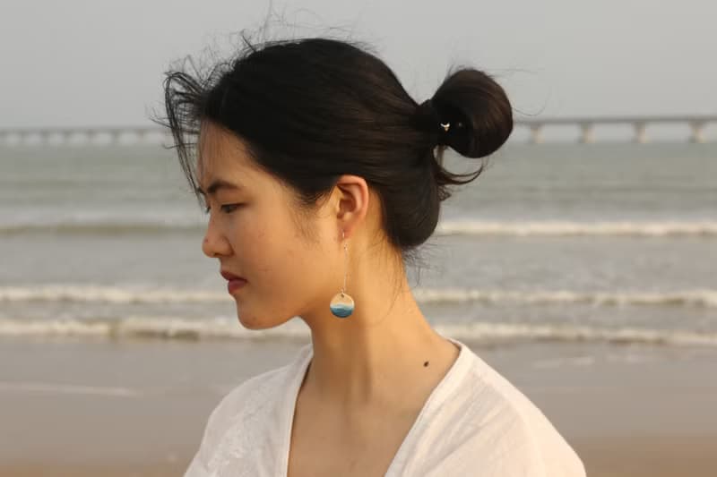藍色海洋系列長款陶瓷耳環耳夾純銀