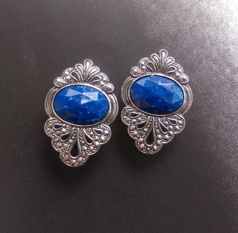 Vintage Jewelry 西洋古董飾品 銀色調 藍珠切面  針式耳環