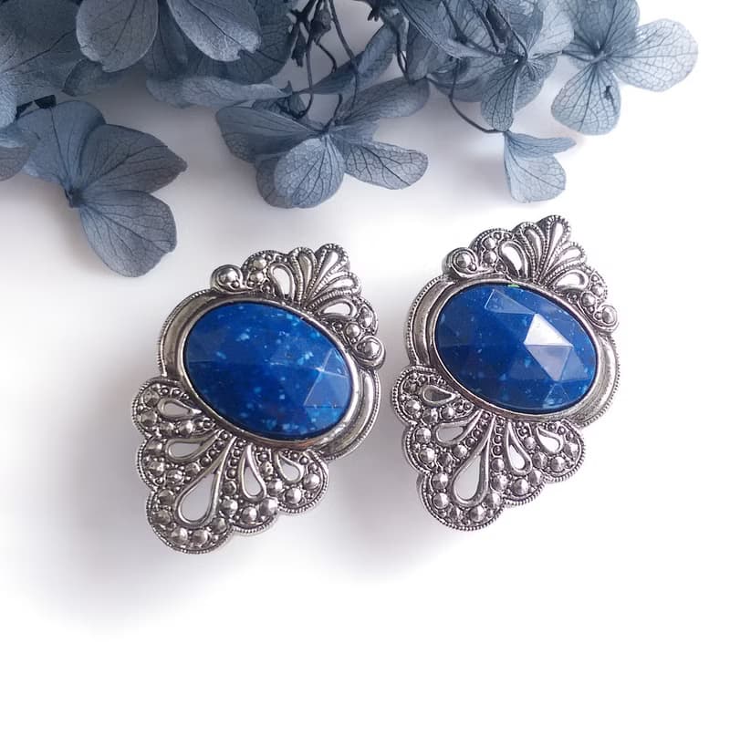 Vintage Jewelry 西洋古董飾品 銀色調 藍珠切面  針式耳環