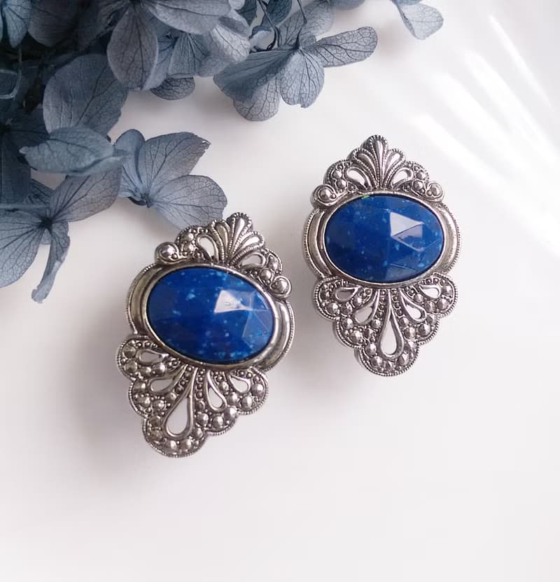 Vintage Jewelry 西洋古董飾品 銀色調 藍珠切面  針式耳環